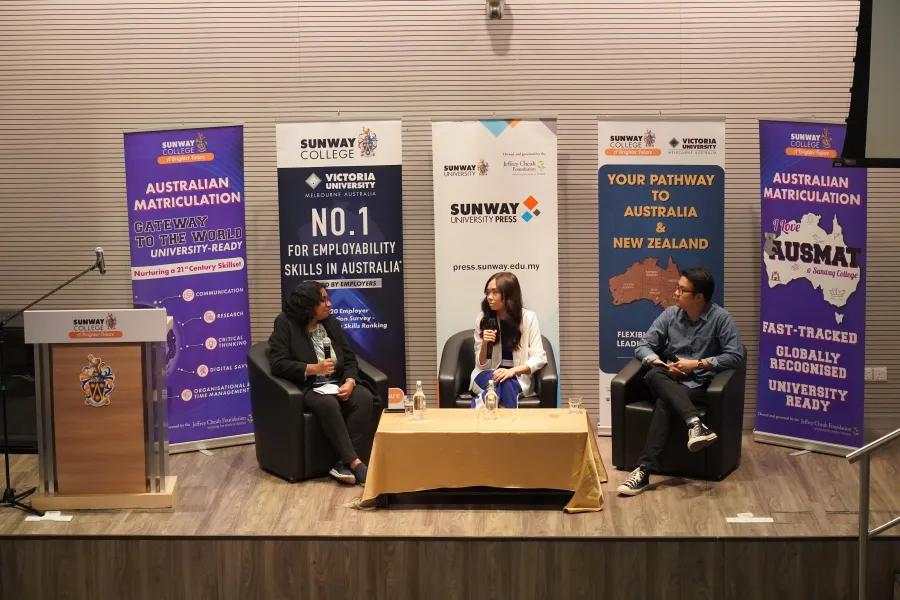 The Trailblazers Unleashed: Extraordinary Alumni Take the Stage event in session. Pictured from left to right: Moderator and VU Programme Senior Lecturer Ms Dharshini M Balasingam, alumna Ms Kimberley Mah and alumnus Mr Sim Wie Boon