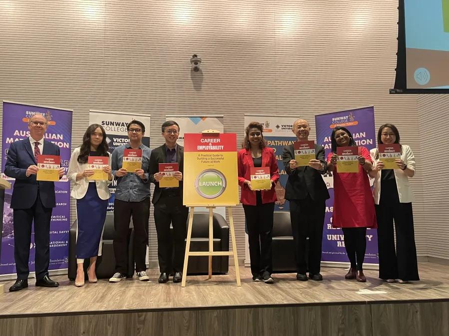 The book launch of “Career &amp; Employability” was officiated by the author, publisher and honoured guests. Pictured from left to right: Professor Graeme Wilkinson, Ms Kimberley Mah, Mr Sim Wie Boon, Mr Jason Soh, Ms Srii Gunaseelan (AusTrade), Dr Jason Cheok, Ms Vanitha Satchithanadan and Ms Carol Wong