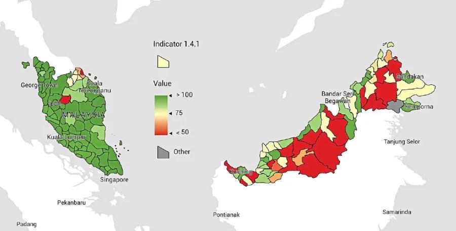 this map shows the SDG Indicator 1.4.1 — proportion of population living in households with access to basic services for SDG 1‐No Poverty. With a focus on access to piped water in house (hence clean water), this map shows the varied SDG performance of the access to piped water across Malaysian districts. the assessment has score values of zero to 100 where zero represents worst performance value and 100 is the best performance value for SDG indicator.