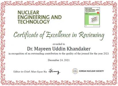 Professor Mayeen Uddin Khandaker is an Outstanding Reviewer of the Nuclear Engineering and Technology Journal