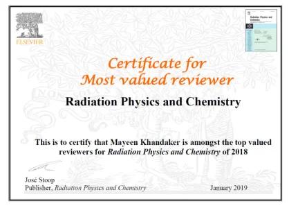 Journal of the Radiation Physics and Chemistry - Year 2018 Most Valued Reviewer