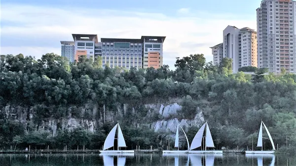 View of the University campus from the South Quay Lake.